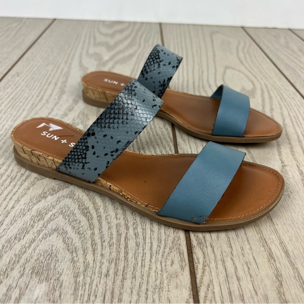 Sun + Stone Easten Slide Sandals 6M Blue Snake Skin Pattern $50